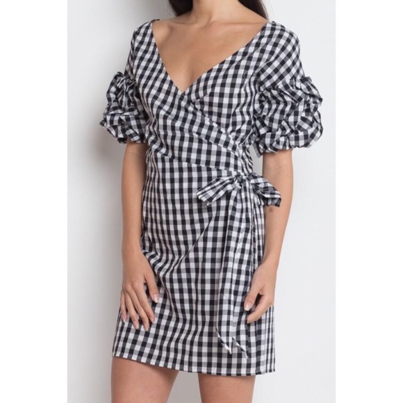 Black & White Gingham Wrap Dress with Puff Sleeves - Picture 2 of 8
